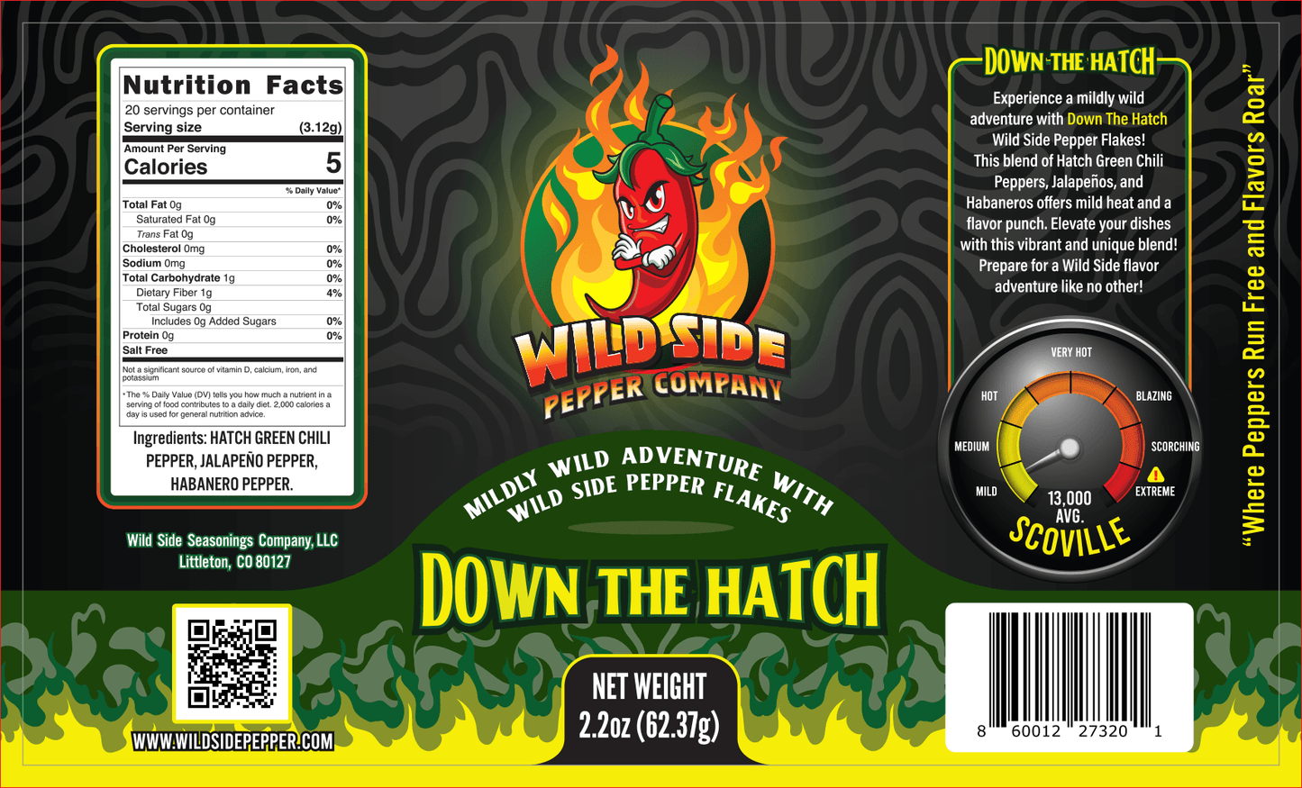 This SALT FREE blend of Hatch Green Chili Peppers, Jalapenos, and Habaneros offers mild heat and a flavor punch. Elevate your dishes with this vibrant and unique blend!