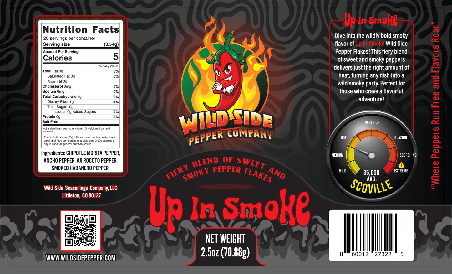Dive into the wildly bold smoky flavor of Up In Smoke - Wild Side Pepper Flakes!

This fiery SALT FREE blend of SWEET and SMOKY peppers delivers just the right amount of heat, turning any dish into a wild smoky party.